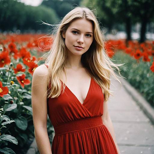 Blonde Girl in a Flowing Red Maxi Dress