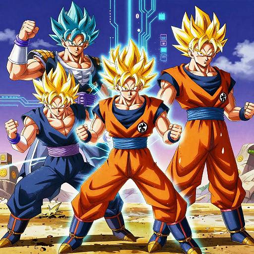 Digital artwork of five muscular, spiky-haired Super Saiyans in orange and blue outfits, standing in a battle-ready pose against a futuristic, glowing