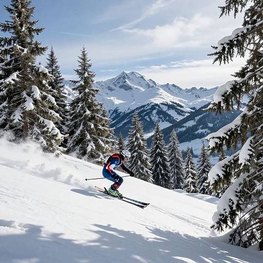 Photograph of a skier in colorful gear descending a snow-covered mountain slope, surrounded by snow-laden evergreen trees, with a backdrop of majestic
