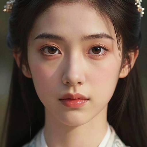 Close-up photograph of a young Asian woman with fair skin, dark hair, and soft brown eyes, wearing a white top, with subtle makeup and a