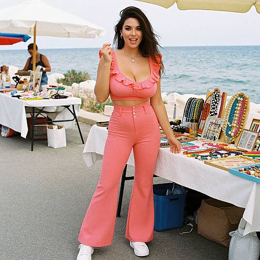 Photograph of a smiling woman with long dark hair, wearing a pink ruffled crop top and high-waisted pants, standing by a beachside