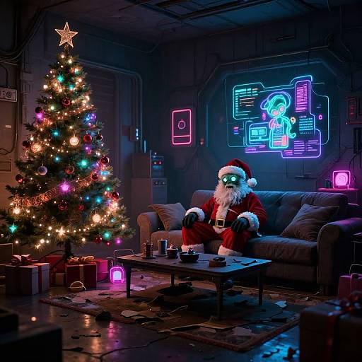 Photograph of a neon-lit room with Santa Claus in a red suit, white beard, and black gloves, sitting on a gray couch beside a