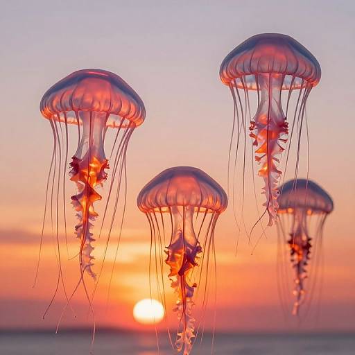 Photograph of four glowing jellyfish with translucent, pink-tinged domes and flowing tentacles against a vibrant orange and pink sunset sky.