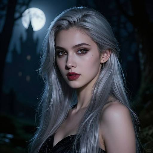 Digital portrait of a pale-skinned woman with long, silver hair, dark red lipstick, and intense eyes, illuminated by a full moon in a dark