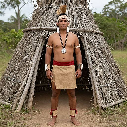 Photograph of a muscular, shirtless Indigenous man standing in front of a rustic, thatched hut, wearing traditional tribal attire and jewelry.
