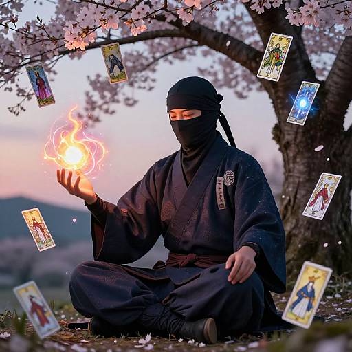 Photograph of a ninja with black mask and attire, seated under cherry blossoms, conjuring fire while floating tarot cards surround.