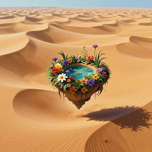 Digital artwork of a floating desert oasis with a turquoise pond, surrounded by colorful flowers and greenery, casting a shadow on golden sand dunes under a