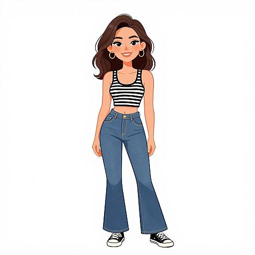 Digital illustration of a smiling young woman with wavy brown hair, wearing a striped tank top, high-waisted blue jeans, and black sneakers,