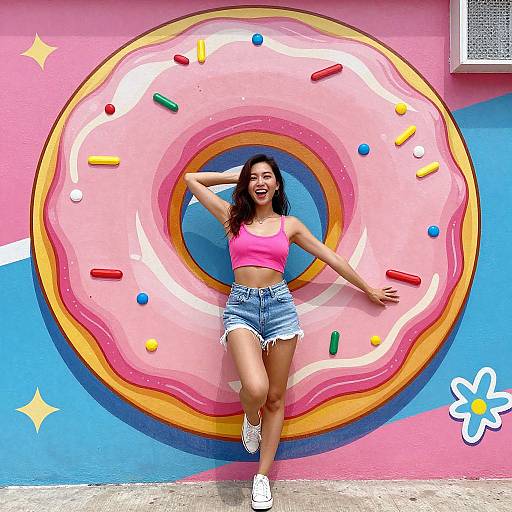 Photograph of a smiling Latina woman with long curly hair, wearing a pink crop top and blue denim shorts, standing in front of a colorful, giant