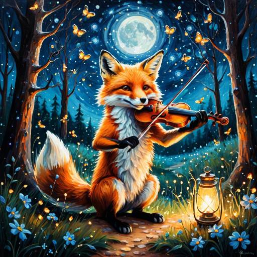 Fox Playing Violin in Enchanted Forest