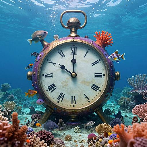 Underwater photograph of a large, vintage clock with Roman numerals, surrounded by colorful coral reefs and various fish, including a silver fish on top and