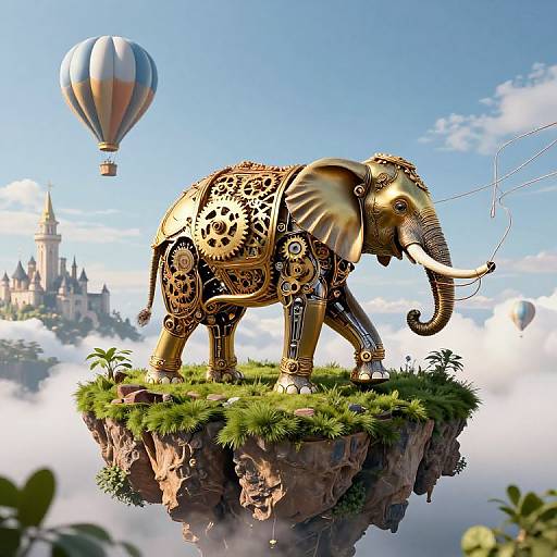 Digital CGI of a steampunk elephant with gears and cogs, standing on a floating grassy cliff, surrounded by a hot air balloon, castle