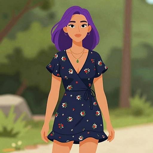 Digital illustration of a young woman with purple hair, wearing a navy floral dress, earrings, and necklace, standing in a sunny park.