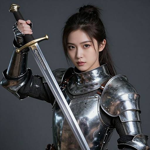 Photograph of an Asian woman with dark hair in shiny, reflective medieval armor, holding a sword with a gold hilt, against a dark gray background