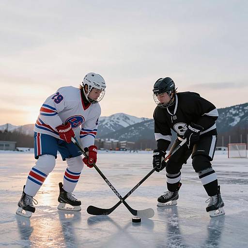Sunset Ice Hockey Duel on Frozen Lake