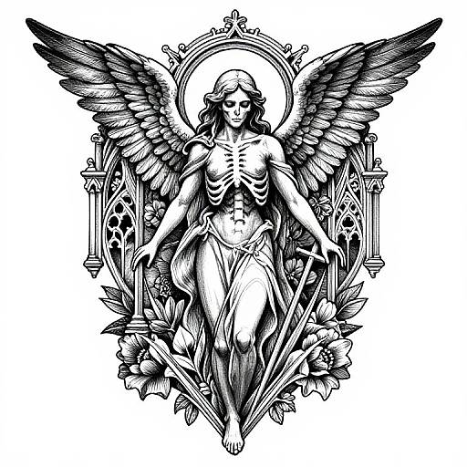 Detailed black and white tattoo-style illustration of a winged angel with exposed ribcage, flowing drapery, and ornate floral background.
