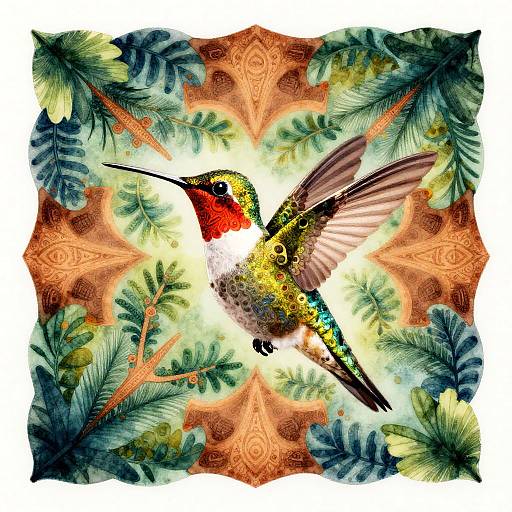 Fractal Hummingbird Watercolor with Tribal Engravings