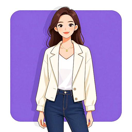 Digital anime-style drawing of a smiling young woman with long brown hair, wearing a white jacket, white top, and dark jeans, against a purple background