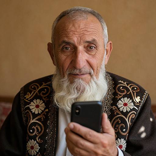 Photograph of an elderly man with a white beard, wearing an ornate black and gold embroidered robe, looking at a smartphone.