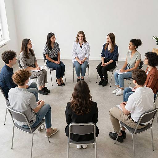 Photograph of diverse group of nine young adults, seated in a circular formation, discussing in a bright, minimalist room.
