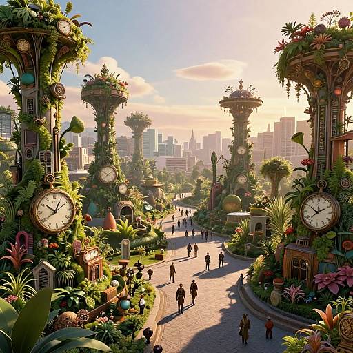 Digital art of a vibrant, clock-tower-filled futuristic garden path leading to a city skyline at sunset, with small figures walking.