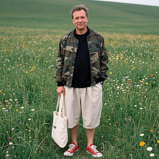 Photograph of a middle-aged man with short gray hair, wearing a camouflage jacket, black shirt, white shorts, and red sneakers, standing in a