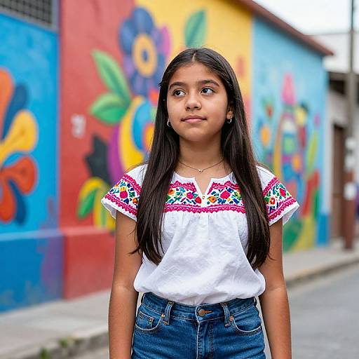 Photograph of a young Indian girl with long black hair, wearing a white blouse with colorful embroidery and blue jeans, standing in front of a vibrant,