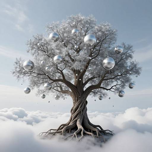 Digital artwork of a frosty, silver-leafed tree with large, shiny silver balls hanging from its branches, set against a bright blue sky and