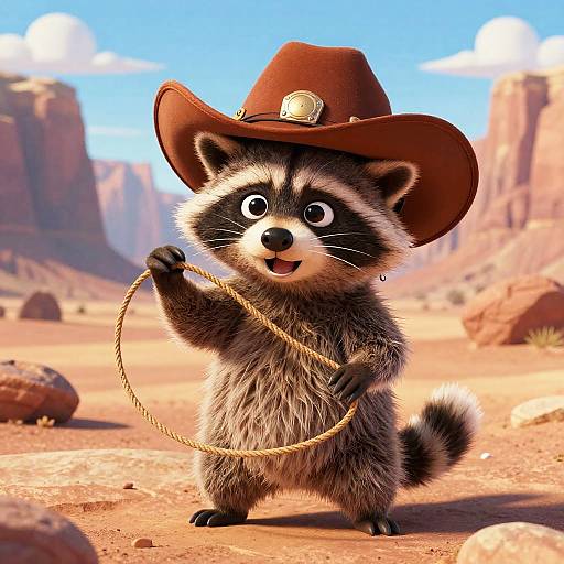 Adorable digital illustration of a cute raccoon in a cowboy hat, holding a lasso, standing in a desert with rocky cliffs.
