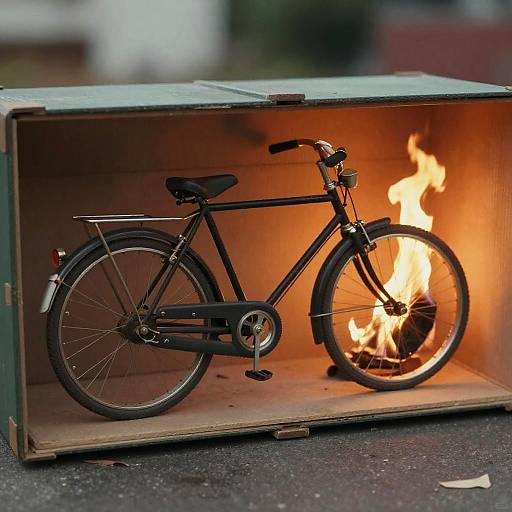 Photograph of a black bicycle inside a wooden crate with flames engulfing the right wheel, set on a gray asphalt surface.