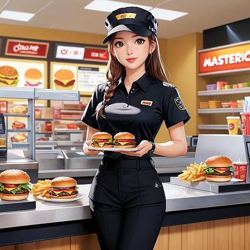 Cashier Girl Holding Burger and Cup