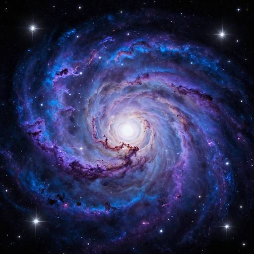 Photograph of a spiral galaxy with a bright white core, surrounded by swirling blue, purple, and black nebulous clouds, set against a star-filled