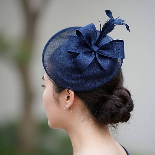 Photograph of an Asian woman in profile, wearing a navy blue, mesh fascinator with black feather accents, her dark hair in an elegant bun,