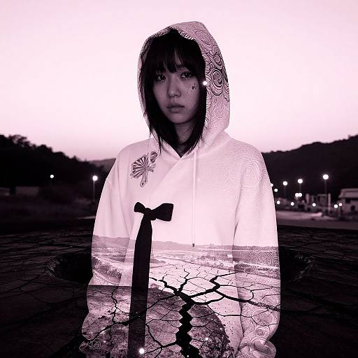 Black-and-white photograph of an Asian woman with short black hair, hooded sweatshirt, floral patch, standing in cracked water at dusk. Silhou