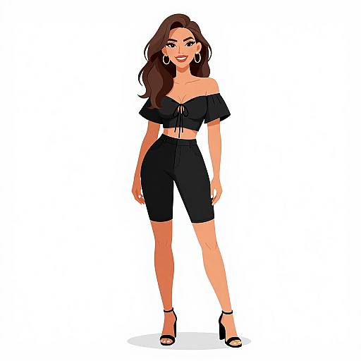 Digital illustration of a smiling woman with long brown hair, wearing an off-shoulder black crop top and high-waisted black shorts, paired with
