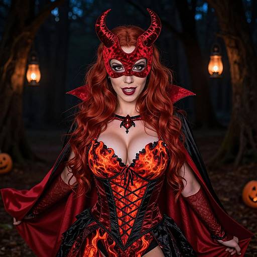 Photograph of a red-haired woman in a fiery devil costume with horns, mask, and corset, standing in a dark forest with lanterns and