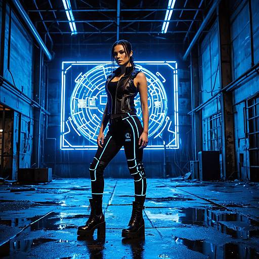 Futuristic Woman in Neon Lit Industrial Warehouse