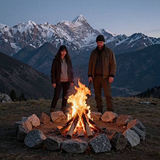 Photograph of a bearded man and woman standing by a campfire, wearing winter clothes, with snow-capped mountains in the twilight background.