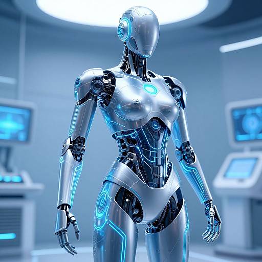 Photorealistic CGI of a sleek, blue-lit female humanoid robot with metallic joints and glowing circuitry in a futuristic lab.
