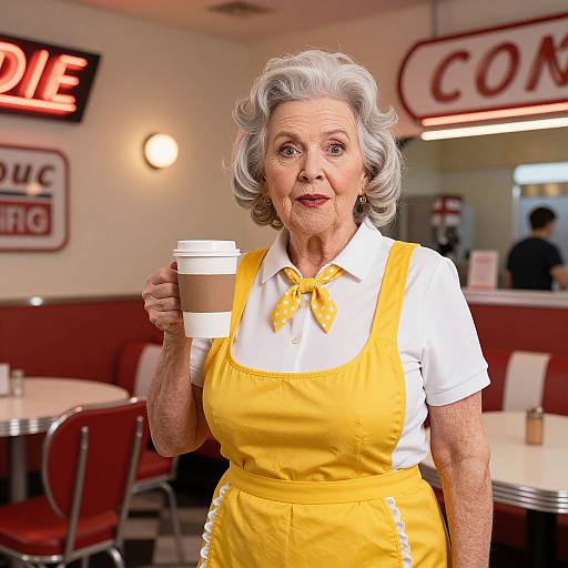Photograph of an elderly woman with gray hair, wearing a yellow apron over a white shirt, holding a coffee cup in a retro diner. Neon