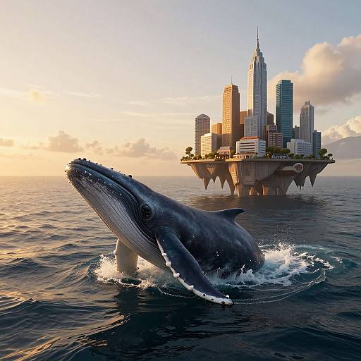 Photorealistic digital art: massive whale surfacing in ocean near futuristic floating cityscape with tall skyscrapers at sunset.