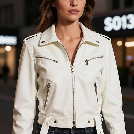 Photograph of a woman with light skin, brown hair, wearing a white, zip-up leather jacket with silver zippers and buttons, standing in a