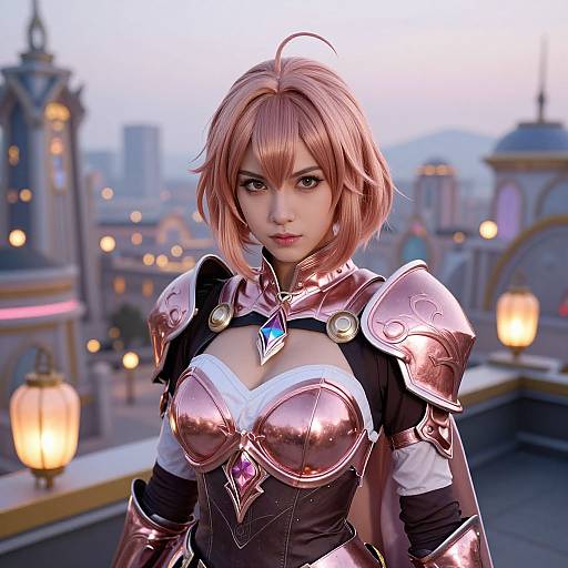 Digital art of a pink-haired, brown-eyed anime woman in shiny pink armor with a blue gem, standing on a rooftop at sunset with a cityscape