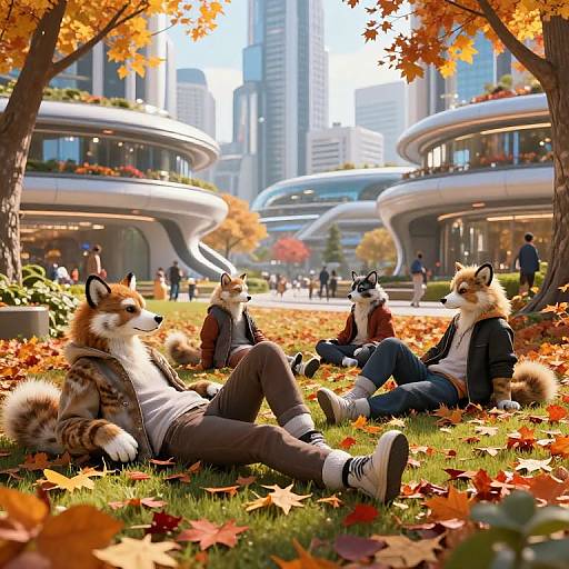 Photograph-style CGI of four anthropomorphic foxes in autumn park, wearing casual clothes, lounging on grass with fallen leaves, modern buildings in background