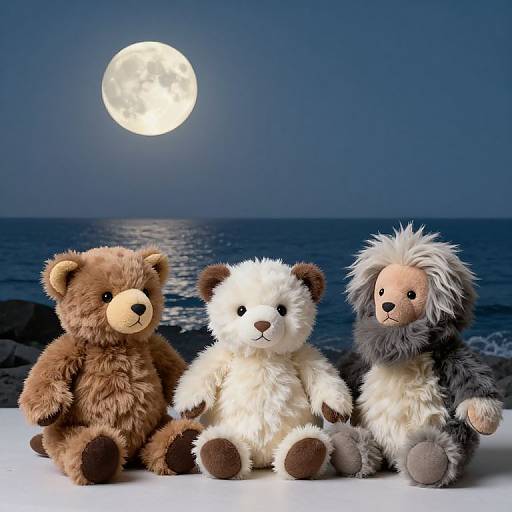 Photograph of three fluffy teddy bears, brown, white, and gray, sitting on a white surface against a moonlit ocean backdrop.