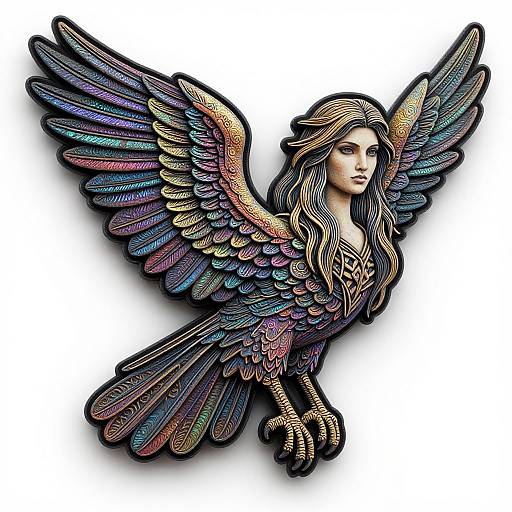 Digital illustration of a winged woman with long brown hair, multicolored iridescent feathers, and detailed line work on white background.