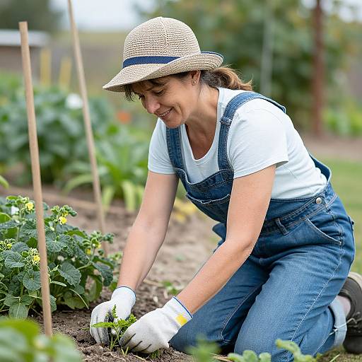Photograph of a smiling woman in blue overalls, white shirt, straw hat, and gloves, kneeling in a garden, planting yellow flowers.