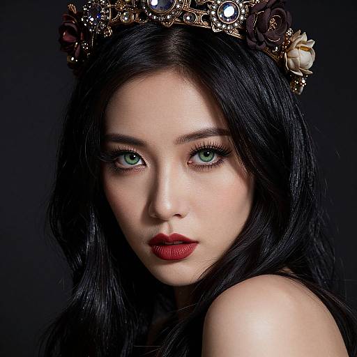 Photograph of a fair-skinned woman with green eyes, dark black hair, red lipstick, wearing a gold ornate crown with flowers, against a