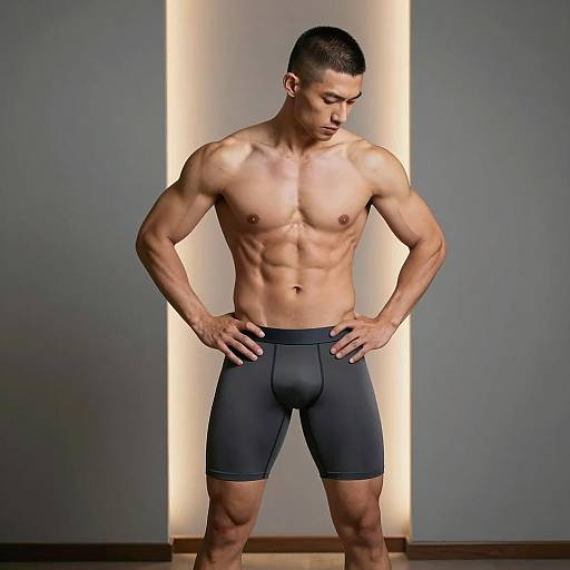 Fit Man in Compression Shorts with Six-Pack Abs