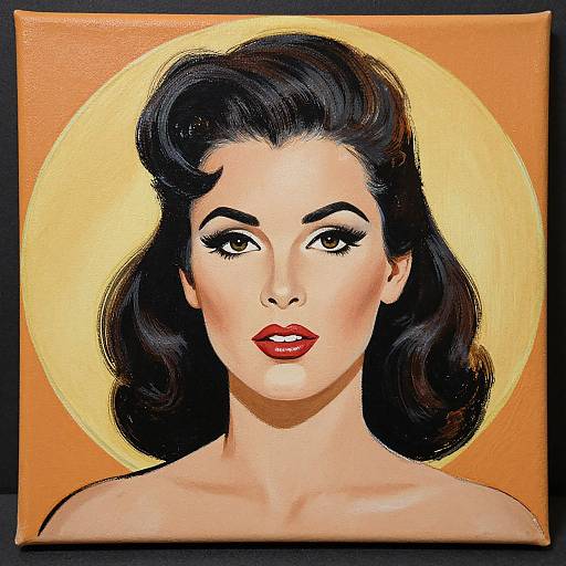 Digital pop art portrait of a fair-skinned woman with red lips, black wavy hair, and a yellow halo against an orange background.